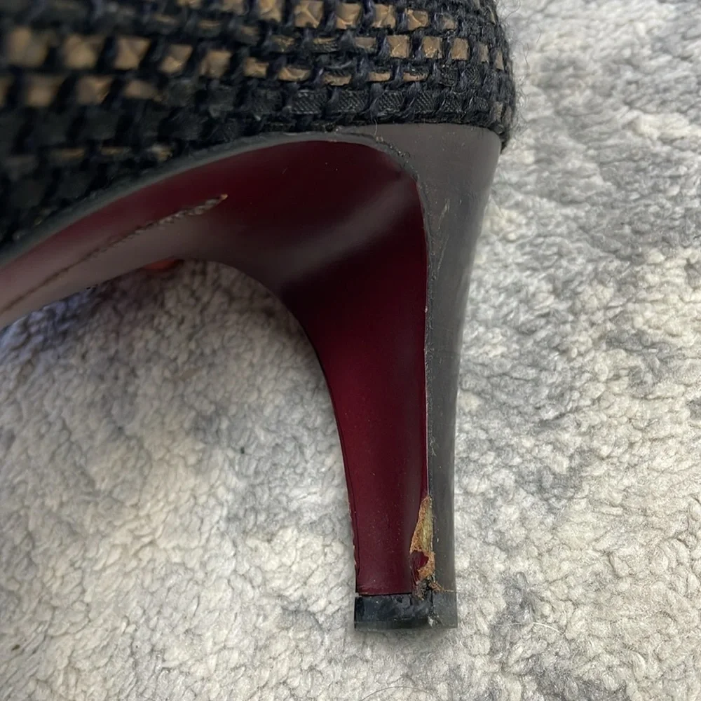 Vintage Chanel Tweed Squared Pointed Toe Lace Up Oxford Heels Sz 39.5
